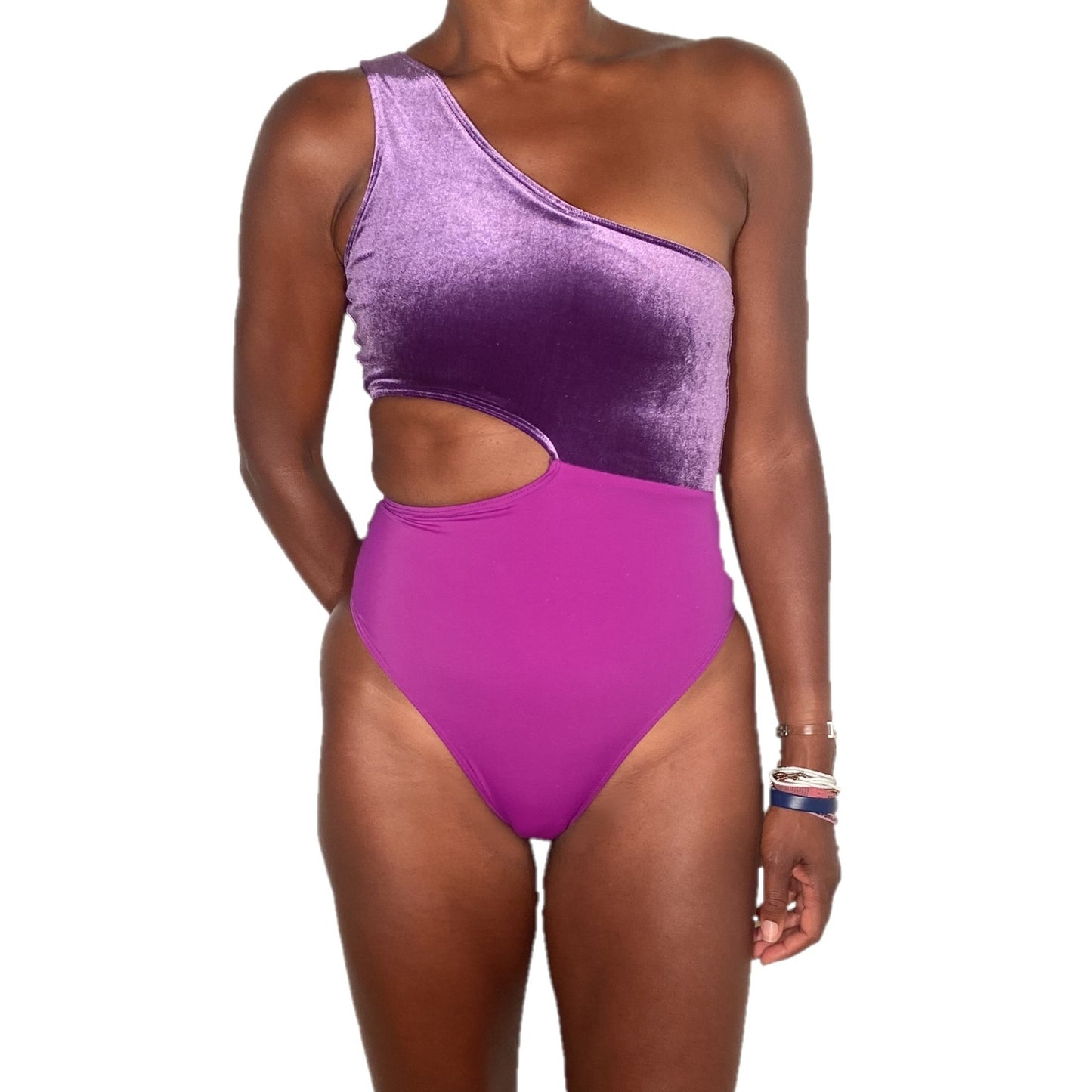 Baiana Cut Out One Piece Swimsuit in Purple Velvet