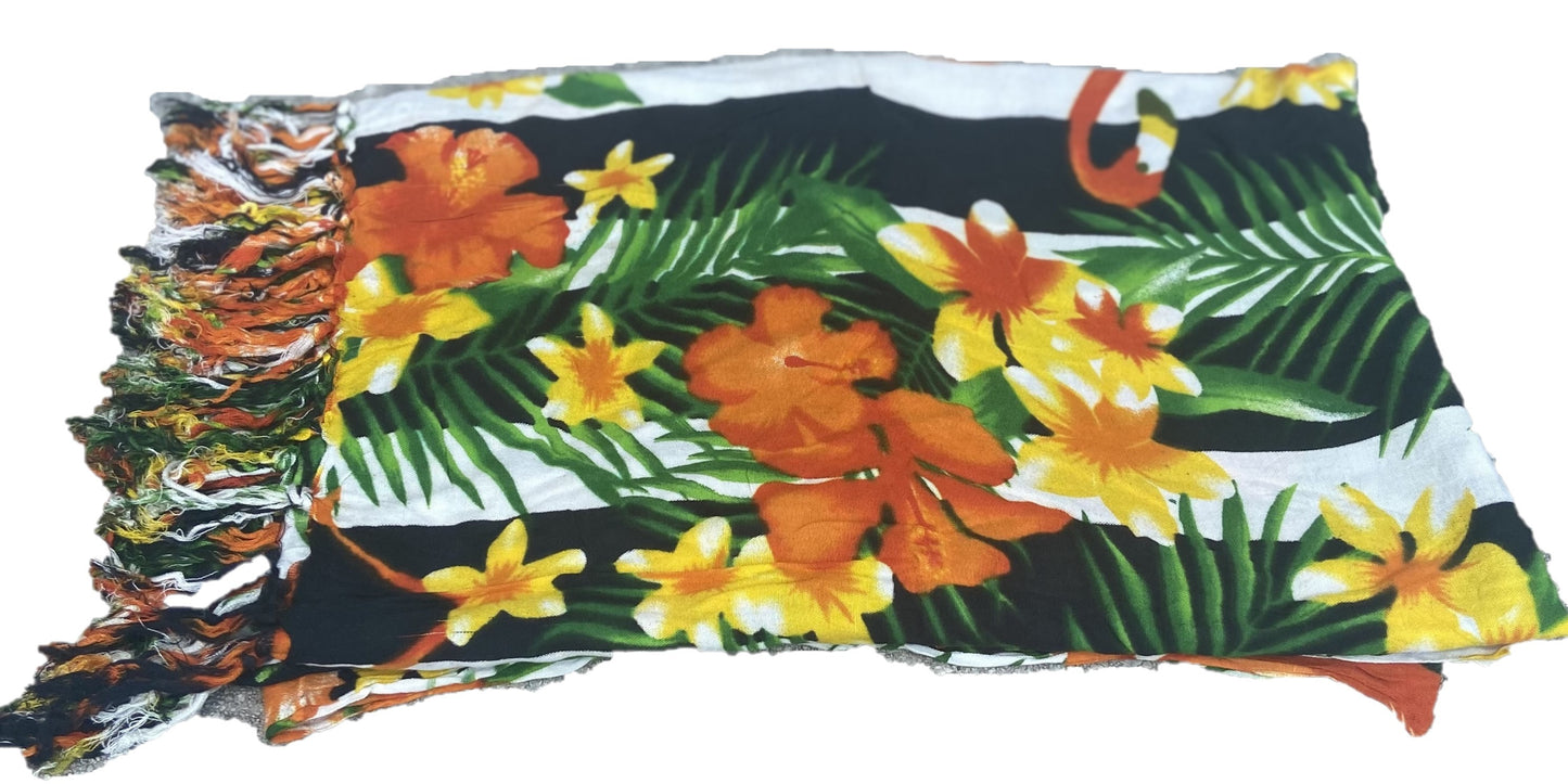 Beach Accessory & Cover Up. Features assorted print of flowers, plants and flamingos.