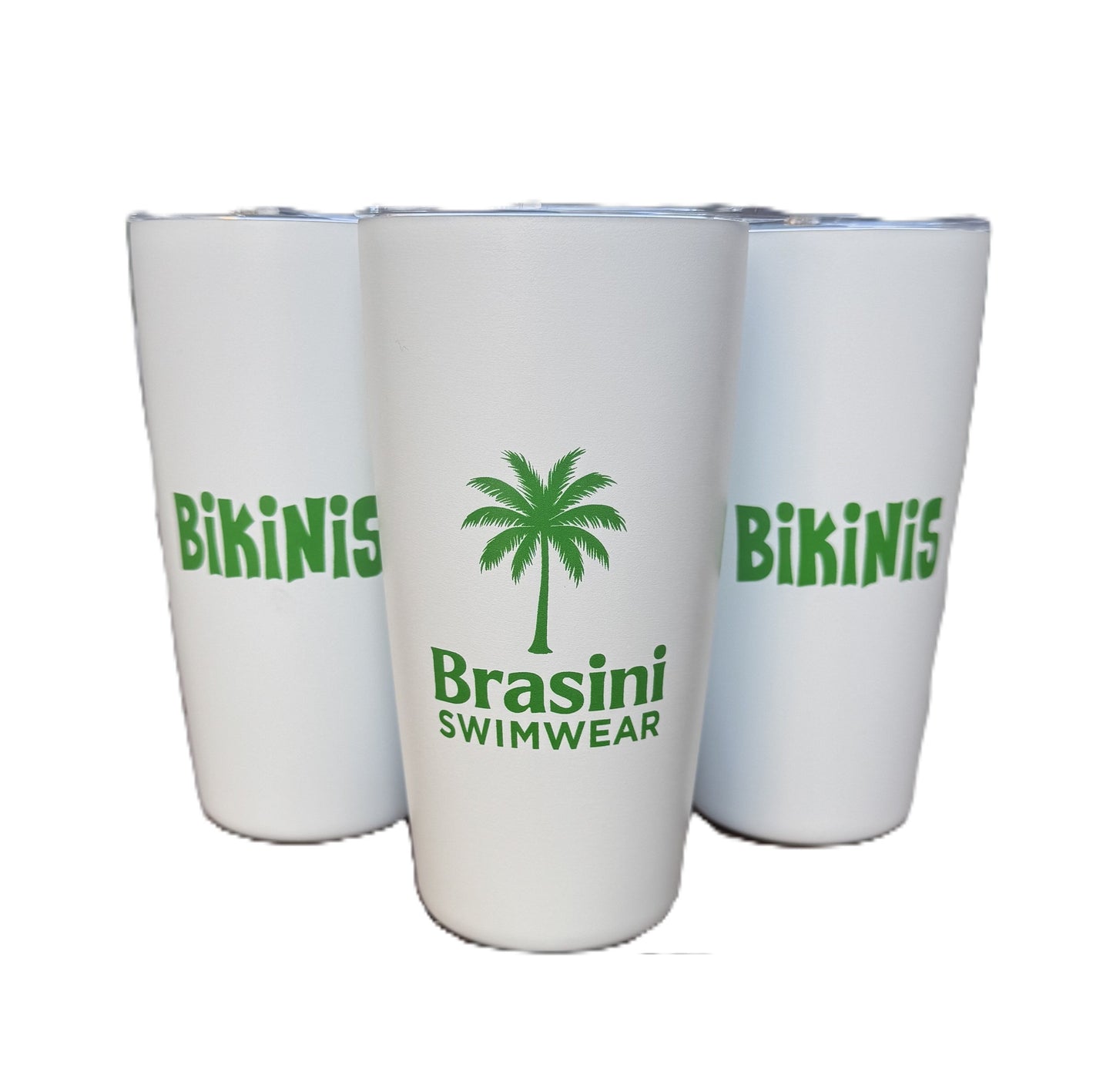 Three white cups with green palm tree and text design on a white background