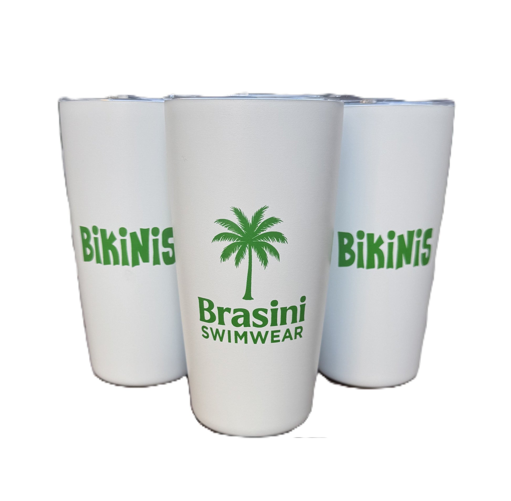 Three white cups with green palm tree and text design on a white background