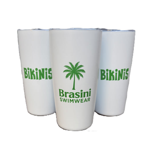 Three white cups with green palm tree and text design on a white background