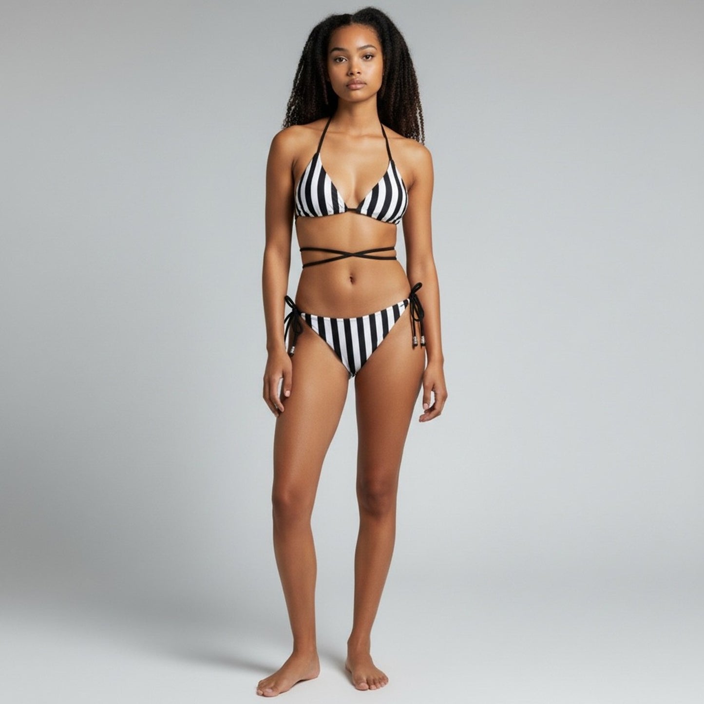 Natalie Tie Side Bikini BOTTOM - Black White Stripes