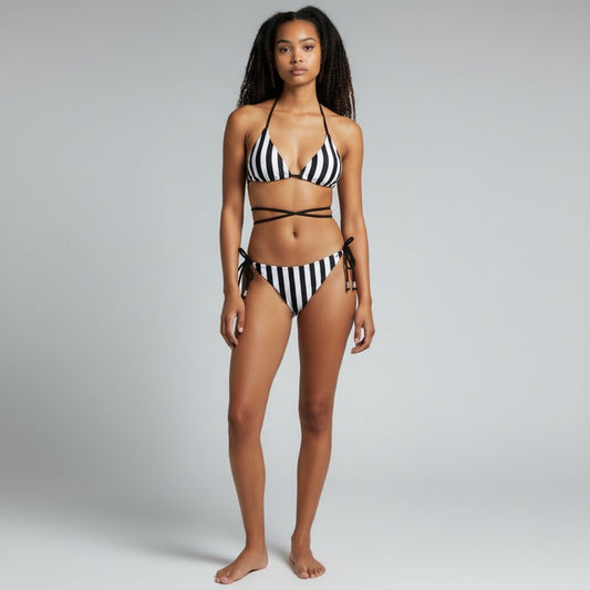 Natalie Tie Side Bikini BOTTOM - Black White Stripes