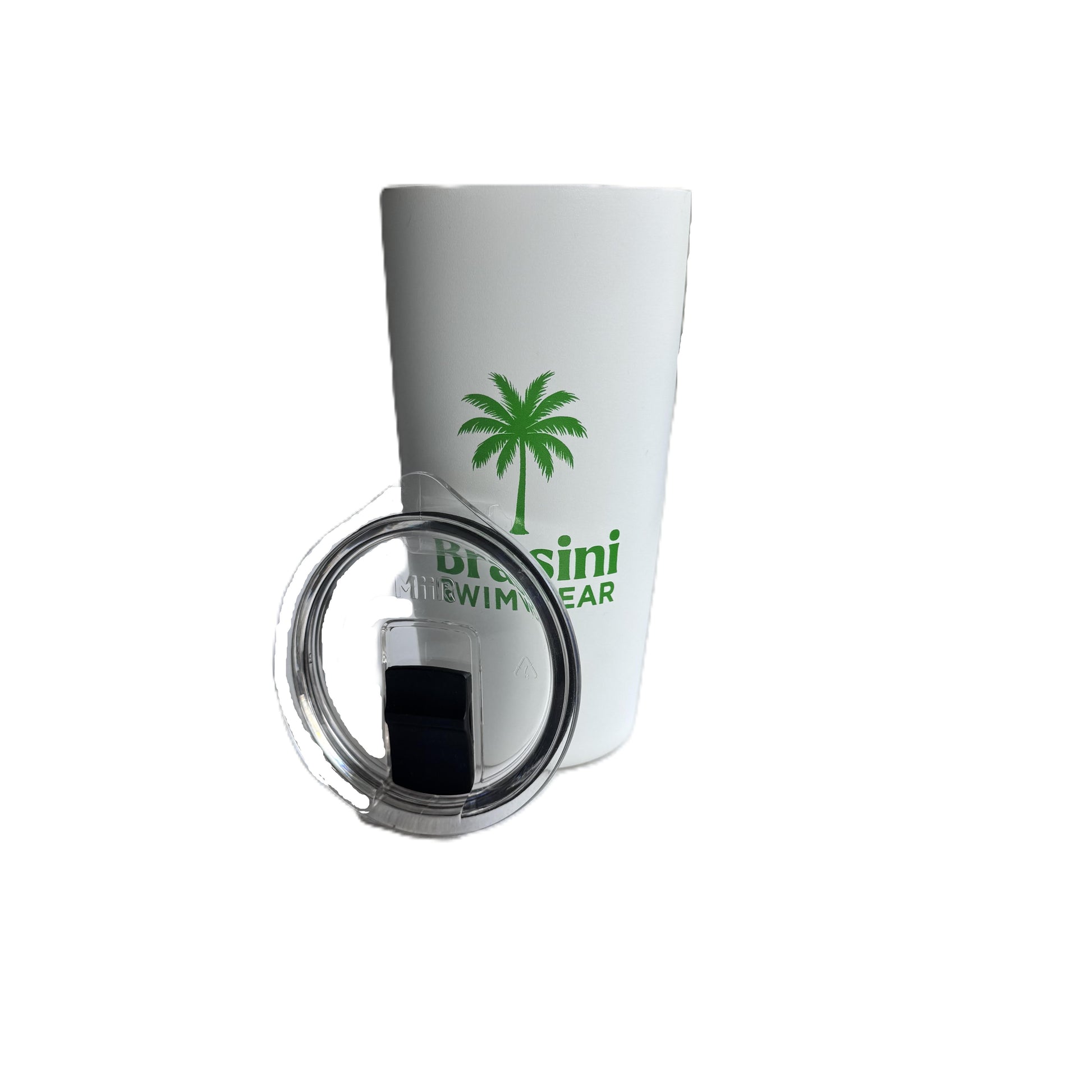 White tumbler with green palm tree design and 'Brisini' branding on a white background