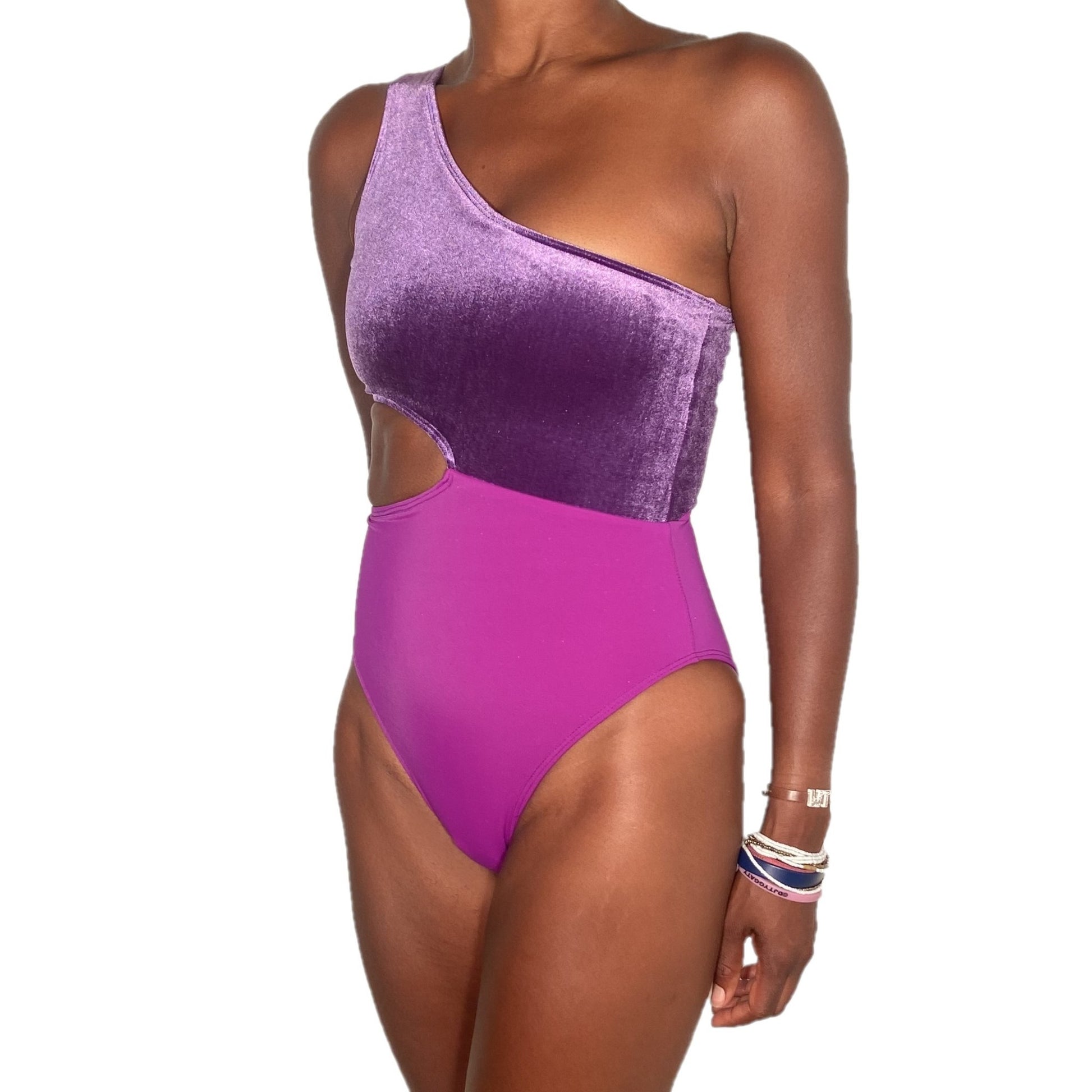 Baiana Cut Out One Piece Swimsuit in Purple Velvet