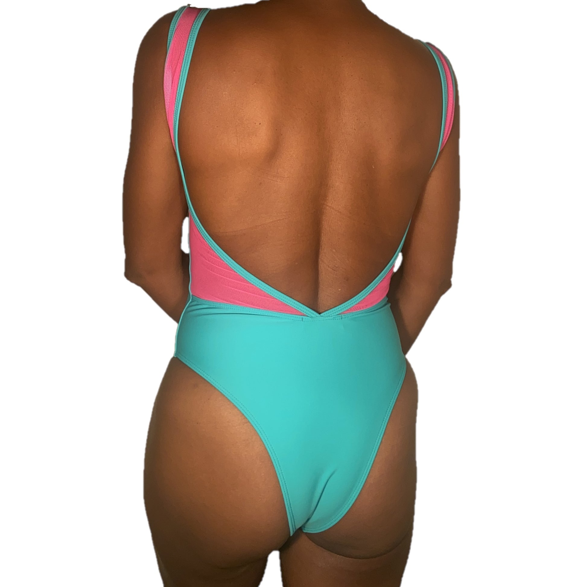 Cabana One Piece with Mesh in Aqua x Hot Pink