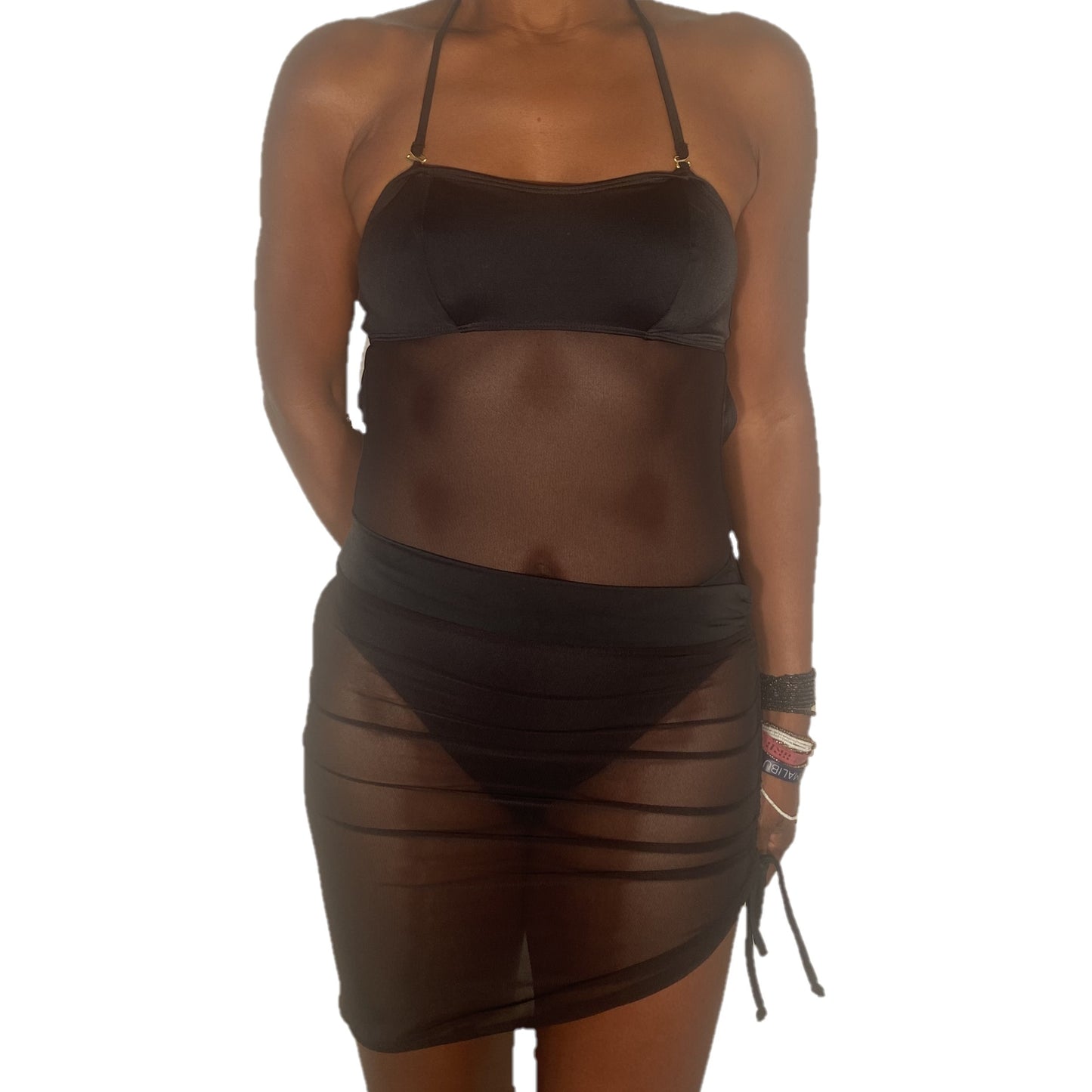 Beleza Drawstring Cover Up Skirt - Black Mesh